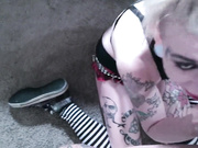 Oily Petite Tattooed Blonde In Miniskirt & Stockings Gives Rough Deepthroat 720p