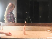 Heather Carolin cums on a dressing room countertop
