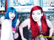 Blue Hair Emo Tranny Fucking her Lesbian Friend on Cam
